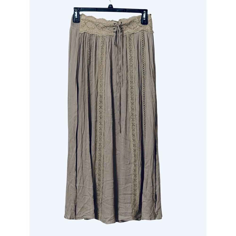 Onetheland Boho Maxi Skirt Small Taupe Lace Panel Peasant Festival Cottagecore